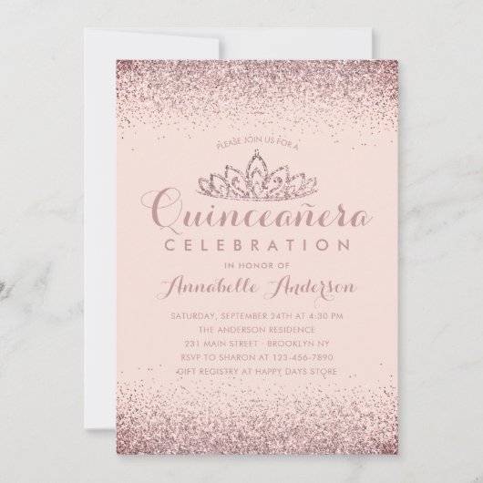 Rose Gold Blush Quinceñera Gold Tiara Glitzer Einladung (Vorderseite)