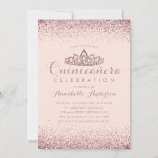 Rose Gold Blush Quinceñera Gold Tiara Glitzer Einladung