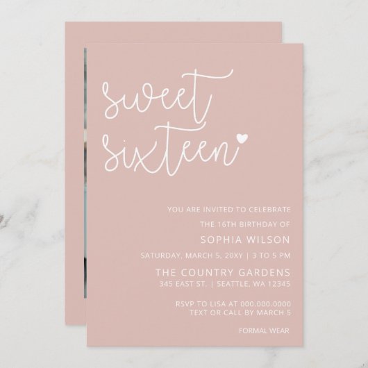 Rose Gold Blush Script Sweet 16 Birthday Foto Inv Einladung (Vorne/Hinten)
