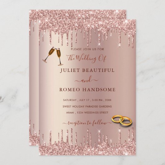 Rose Gold Blush Sparkle Tropfen Hochzeit Einladung (Vorne/Hinten)