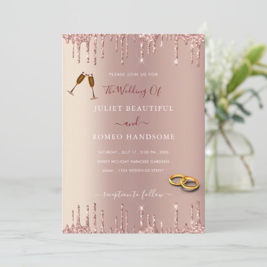 Rose Gold Blush Tropfen Moderne Hochzeitseinladung (Stehend Vorderseite)