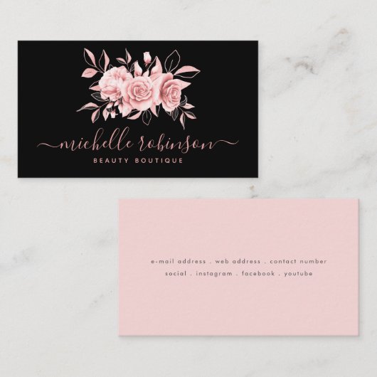 Rose Gold Blush Weibliche Blumenschrift Schwarz Visitenkarte (Vorne/Hinten)
