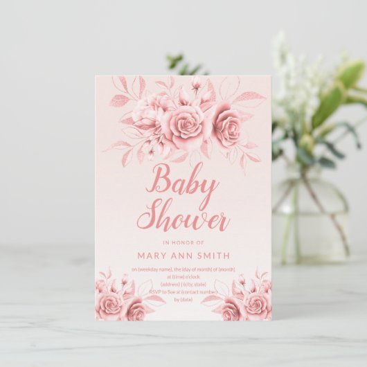 Rose Gold Blütendusche Glitzer Baby Dusche Einladung (Stehend Vorderseite)