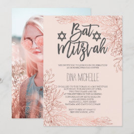 Rose Gold Blütenrot Rosa Bat Mitzvah Foto Einladung