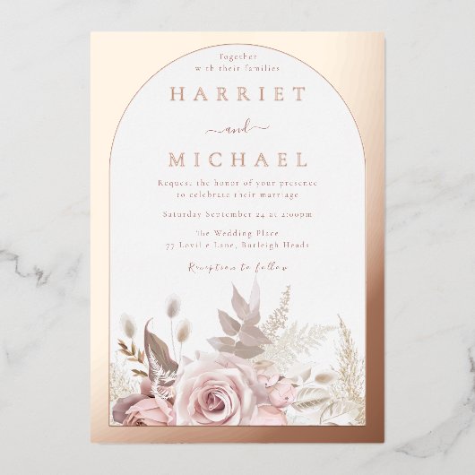 Rose Gold Boho Arch Blush Bloral Wedding Folieneinladung (Vorderseite)