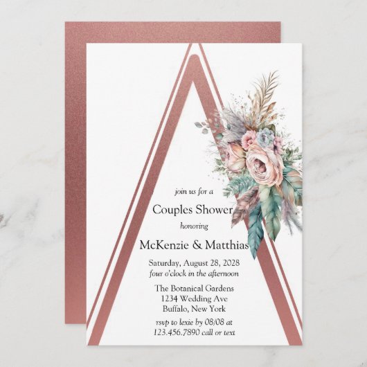 Rose Gold Boho Blütendusche Einladung (Vorne/Hinten)