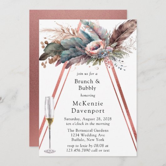Rose Gold Boho Floral Triangle Brunch & Bubbly Einladung (Vorne/Hinten)