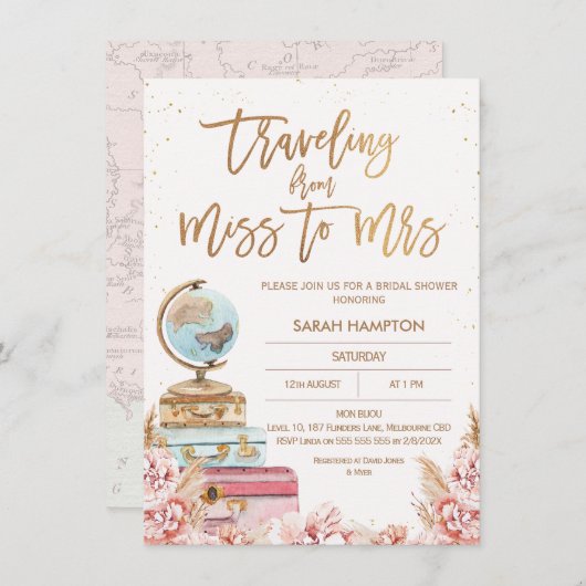 Rose Gold Boho Reisen Miss an Mrs. Brautparty Einladung (Vorne/Hinten)