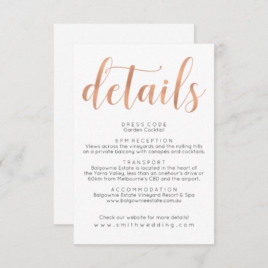 Rose Gold Boho Wedding Details Info Card Begleitkarte (Vorne/Hinten)