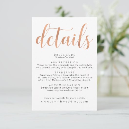 Rose Gold Boho Wedding Details Info Card Begleitkarte (Stehend Vorderseite)
