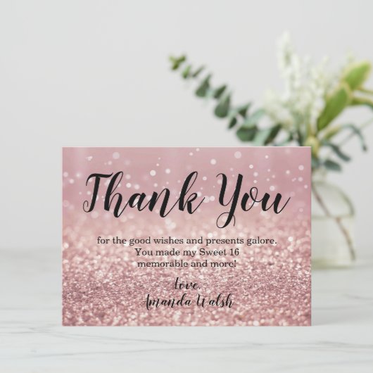 Rose Gold Bokeh Lights Sweet 16 Danke Notiz Einladung (Stehend Vorderseite)