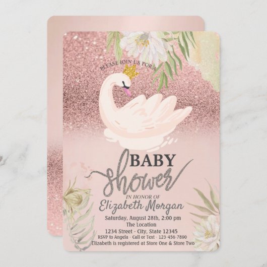 Rose Gold Bokeh, Swan Boho Blume Babydusche Einladung (Vorne/Hinten)