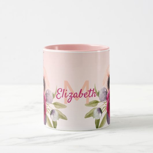 Rose gold bordeauxfarbene Blume Monogramm Tasse (Zentrum)