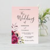 Rose gold bordeauxfarbene lila Blumenschrift Hochz Einladung (Stehend Vorderseite)