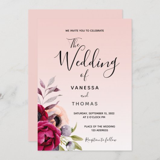 Rose gold bordeauxfarbene lila Blumenschrift Hochz Einladung (Vorne/Hinten)