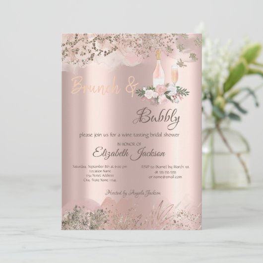 Rose Gold Border Brunch & Bubbly Brautparty Einladung (Stehend Vorderseite)