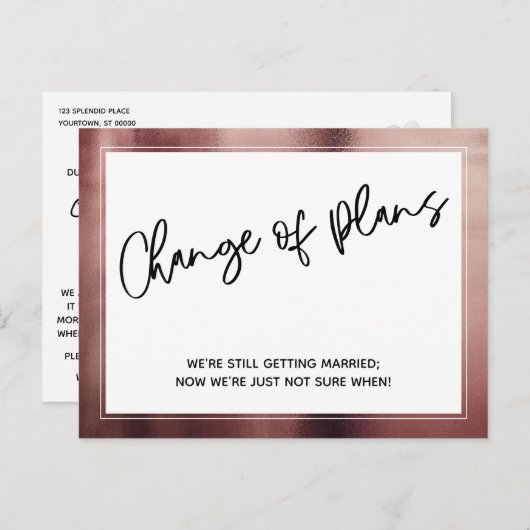 Rose Gold Border Change Plan Zurückgestellt Hochze Postkarte (Vorne/Hinten)