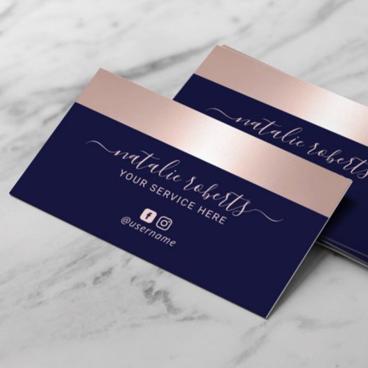 Rose Gold Border Navy Blue Modern Salon Wellness-C Visitenkarte