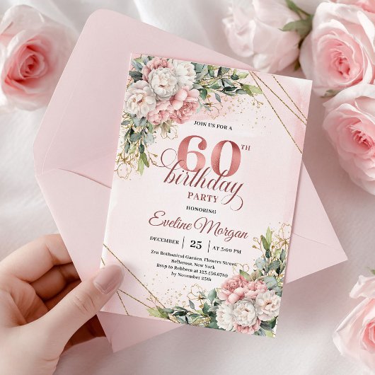 Rose Gold Botanical Greenery 60th Birthday Invites Einladung