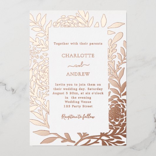 Rose gold botanical luxury wedding folieneinladung (Vorderseite)
