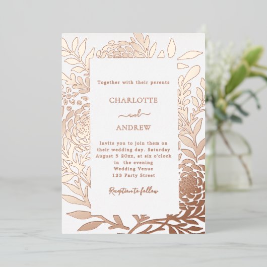 Rose gold botanical luxury wedding folieneinladung (Stehend vorne)