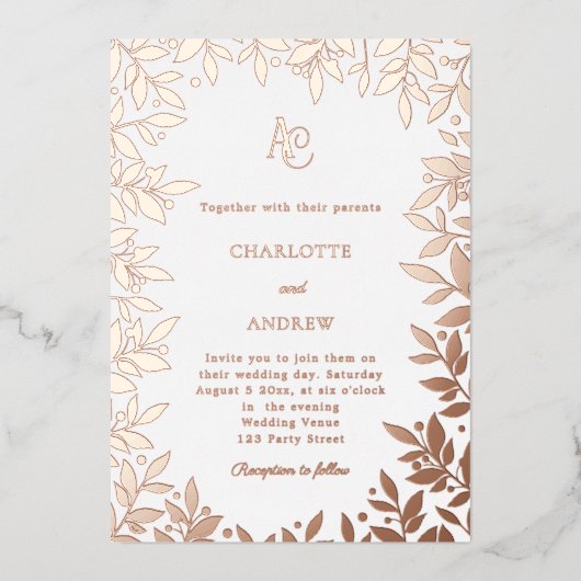 Rose gold botanical monogram luxury wedding folieneinladung (Vorderseite)