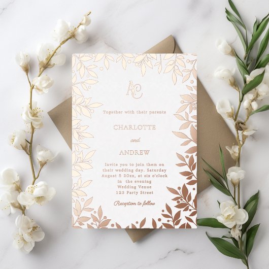 Rose gold botanical monogram luxury wedding folieneinladung