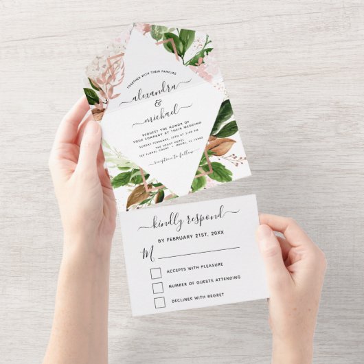 Rose Gold Botanische Grünpflanzen Hochzeit RSVP All In One Einladung (Abreißen)