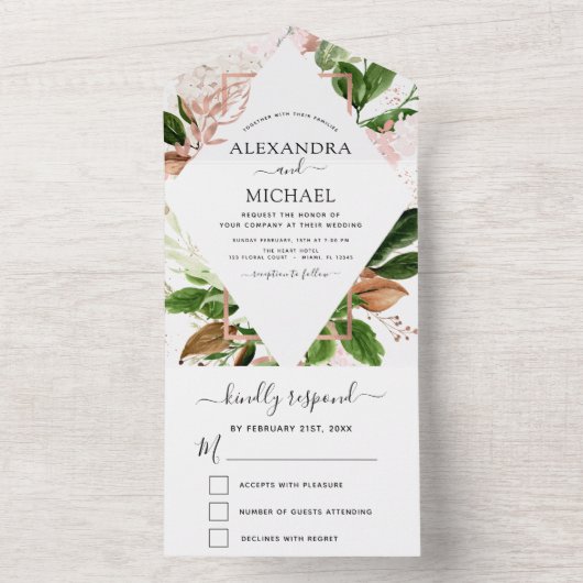 Rose Gold Botanische Grünpflanzen Hochzeit RSVP All In One Einladung (Innen Boden)