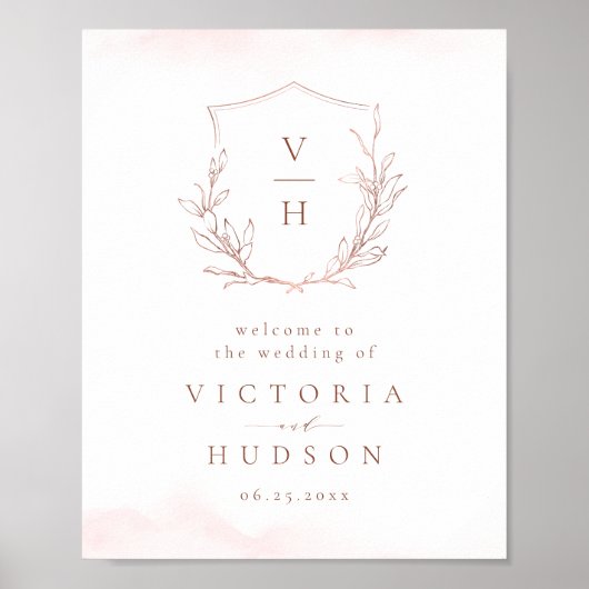 Rose Gold botanisches Wappen Monogramm Hochzeitsem Poster (Vorne)