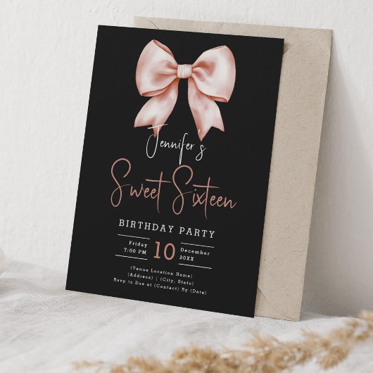 Rose Gold Bow Coquette Script Sweet 16 Party Schwa Einladung