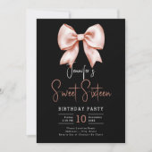 Rose Gold Bow Coquette Script Sweet 16 Party Schwa Einladung (Vorderseite)