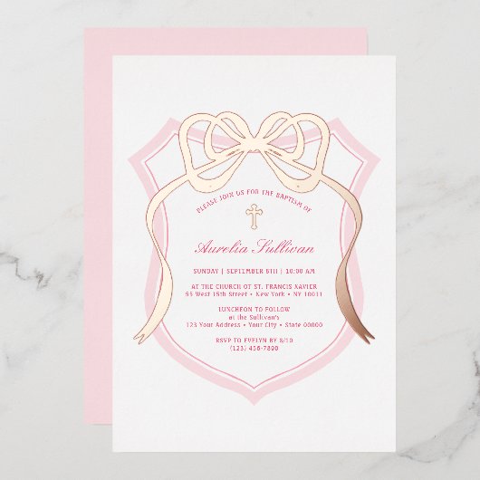 Rose Gold Bow Pink Wappen Taufe Folieneinladung (Vorderseite/Rückseite)