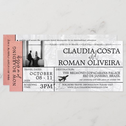 Rose Gold Brazil Wedding Boarding Pass Einladung (Vorne/Hinten)