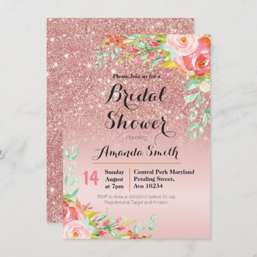 Rose Gold Bridal Dusche Einladung Floral (Vorne/Hinten)