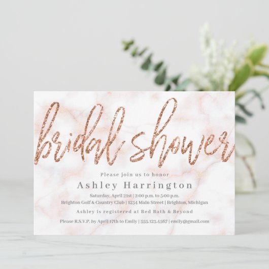 Rose Gold Bridal Dusche Einladung mit Glitzer (Stehend Vorderseite)