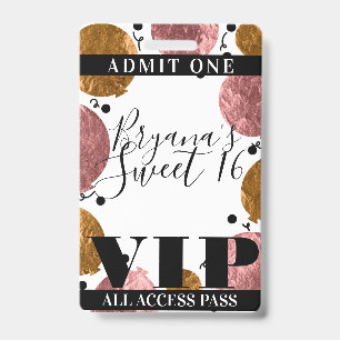 Rose Gold Bronze Ballons Sweet 16 Party VIP Pass Ausweis