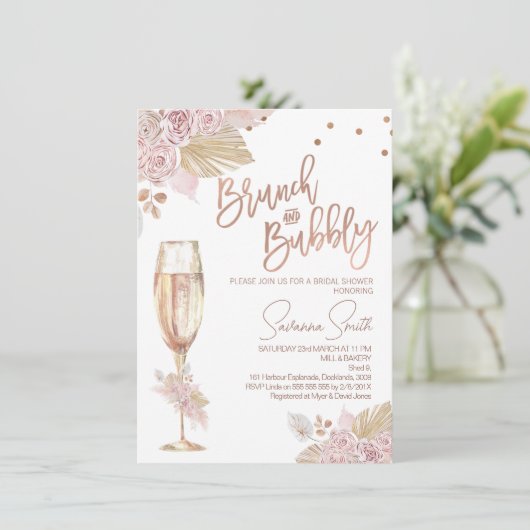 Rose Gold Brunch Bubbly Boho Rose Brautparty Einladung (Stehend Vorderseite)