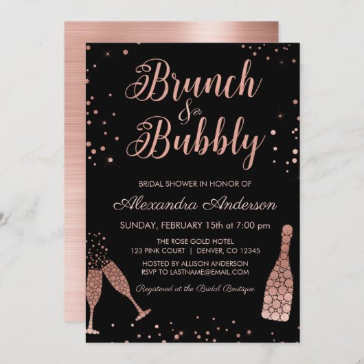 Rose Gold Brunch & Bubbly Brautparty Einladung (Vorne/Hinten)