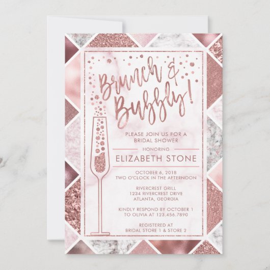 Rose Gold Brunch und Bubbly Invitation, Marmor Einladung (Vorderseite)