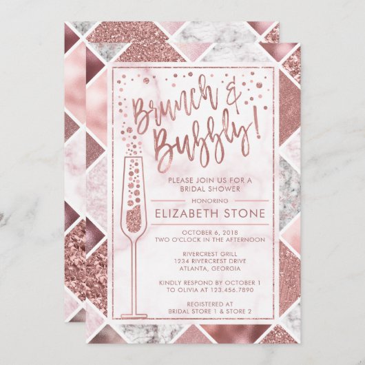 Rose Gold Brunch und Bubbly Invitation, Marmor Einladung (Vorne/Hinten)