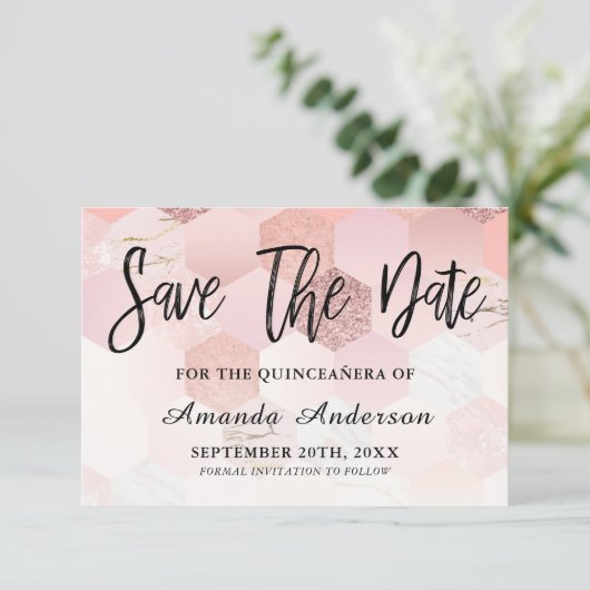 Rose Gold Brush Script Quinceanera Save The Date (Stehend Vorderseite)