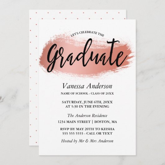 Rose Gold Brush Stroke Graduation Party Einladung (Vorne/Hinten)