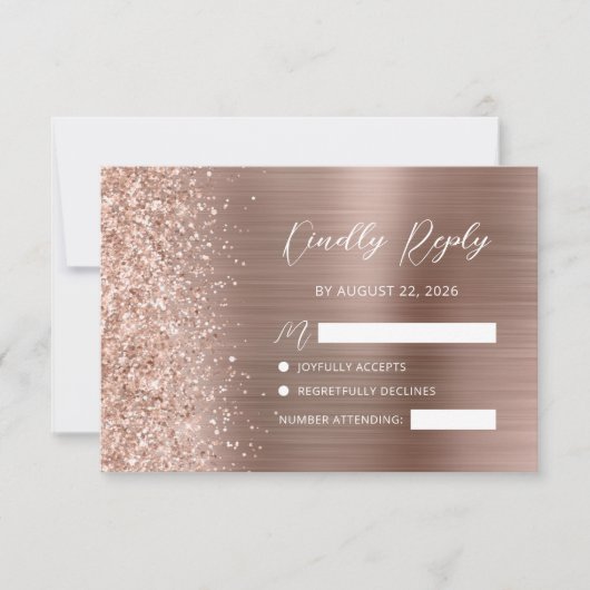 Rose Gold Brushed Glitzer Script Hochzeit RSVP Karte (Vorderseite)