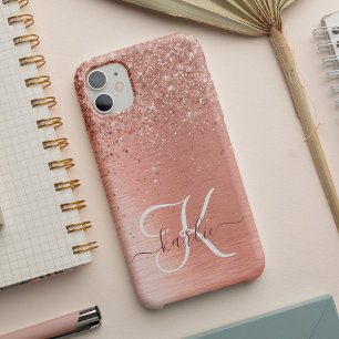 Rose Gold Brushed Metal Glitter Monogram Name iPhone 14 Hülle