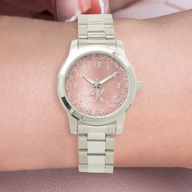 Rose Gold Brushed Metal Glitzer Monogram Name Armbanduhr (Add some sparkle to your wrist with this rose gold glitter watch personalized with your monogram.)