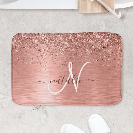 Rose Gold Brushed Metal Glitzer Monogram Name Badematte