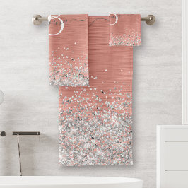 Rose Gold Brushed Metal Glitzer Monogram Name Badhandtuch Set