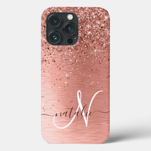 Rose Gold Brushed Metal Glitzer Monogram Name Case-Mate iPhone Hülle (Rückseite)