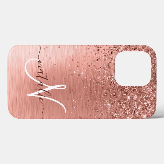 Rose Gold Brushed Metal Glitzer Monogram Name Case-Mate iPhone Hülle (Rückseite (Horizontal))